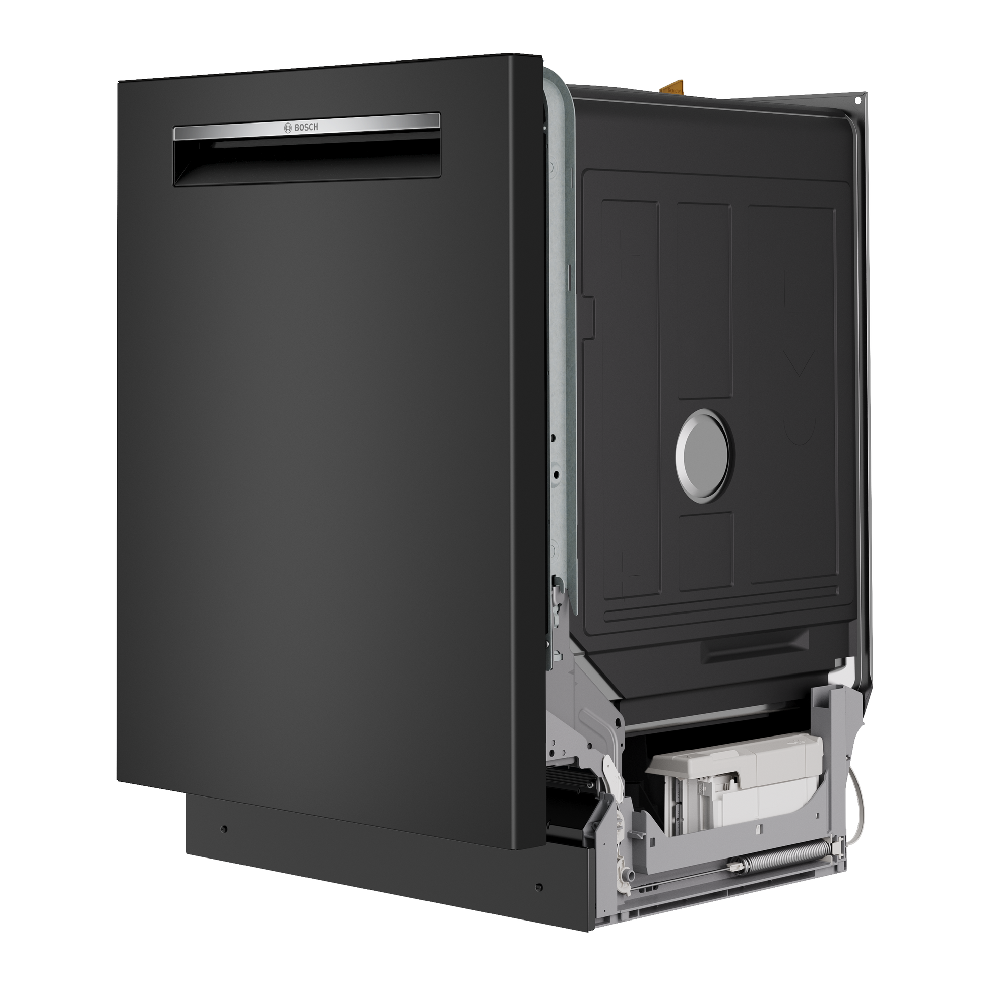 Black built-under dishwasher with a sleek handle and partially exposed mechanical components, suitable for dishwashers, built-in dishwashers, and kitchen appliance collections.