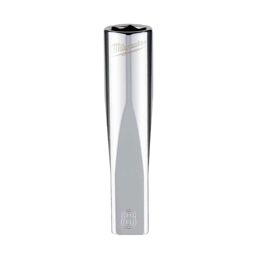 Chrome-finished 8mm deep socket with four flat sides for anti-roll stability in hand and woodworking tools collections