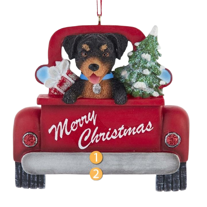 Festive red truck ornament with a Rottweiler, Christmas tree, and gift for holiday decor under $50