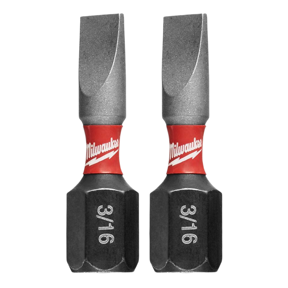 Pair of 3/16 size slotted impact bits with red collar, durable for power tool accessories and home improvement projects