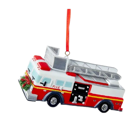 Red and silver fire truck ornament with wreath detail and hanging ribbon for Christmas ornaments and tree decorations collection