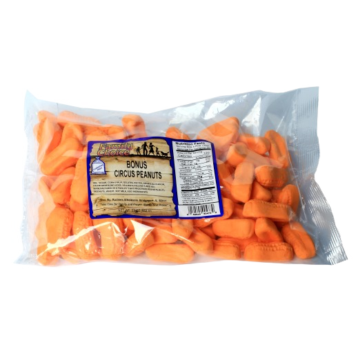 Clear plastic bag filled with orange circus peanut candies with a printed nutrition label on the front