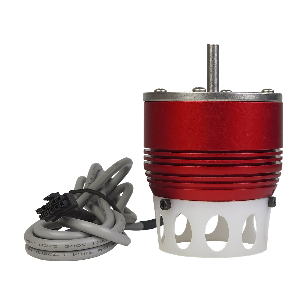Red aluminum motor component with ventilation cutouts and attached gray wiring for home improvement tool applications