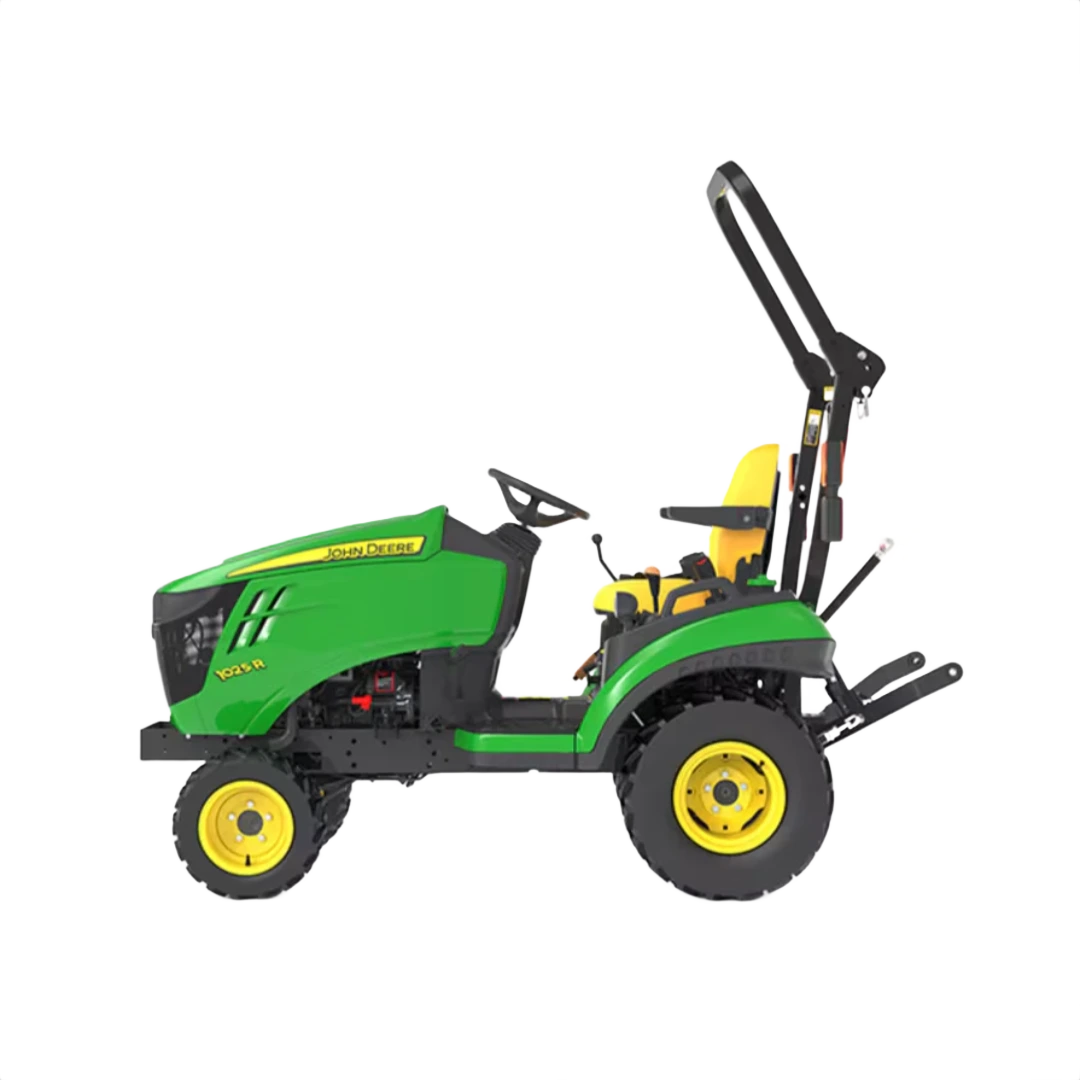 Compact green utility tractor with yellow seat and rollover protection for outdoor landscaping and farming tasks