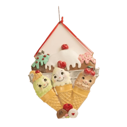 Ceramic ornament featuring three smiling ice cream cones with toppings and a house-shaped background for holiday decor.