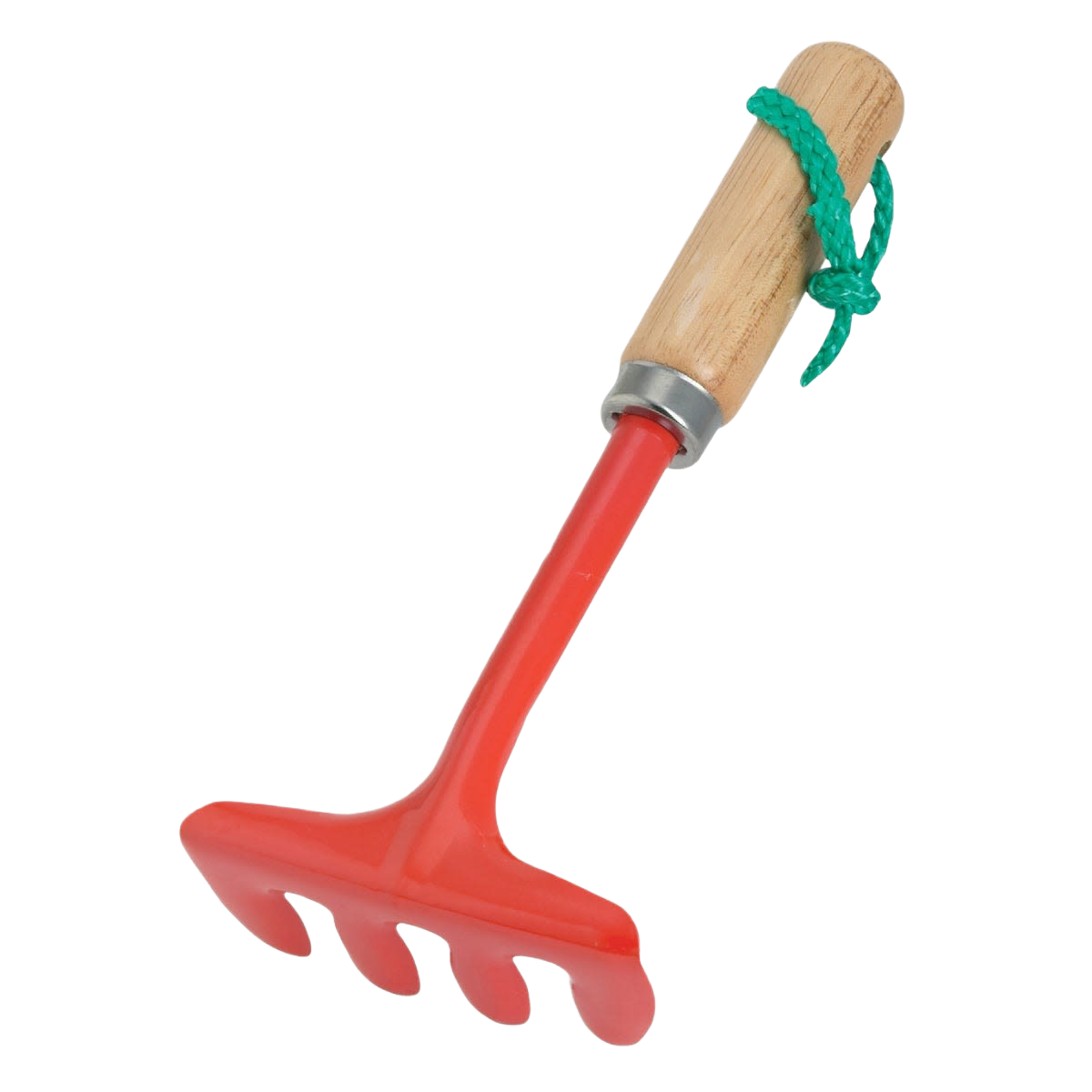 Small red hand cultivator hoe with wooden handle and green loop for gardening and home improvement tasks