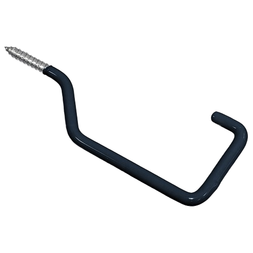 Black vinyl coated rafter screw hook with threaded end, designed for secure hanging in tools and home improvement projects