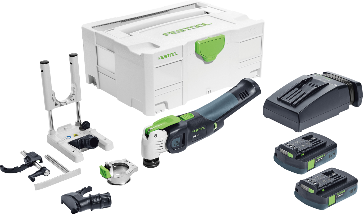 Cordless oscillating multi-tool kit with batteries, charger, and accessories in a durable storage case for home improvement tasks
