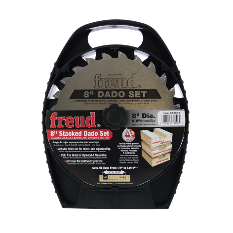Black plastic case holding Freud 8-inch dado blades set for woodworking with chip-free finish and adjustable cutting sizes