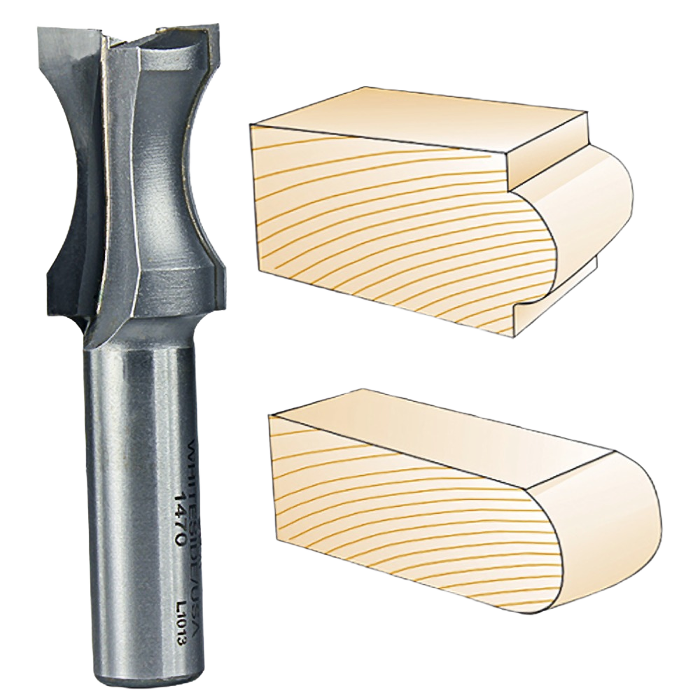 Whiteside branded oval edge router bit alongside wood pieces displaying smooth rounded edge profiles in tool accessories collection