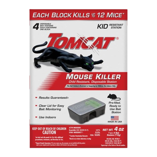 Pack of four child-resistant disposable mouse bait stations with clear lids for indoor pest control under $50.