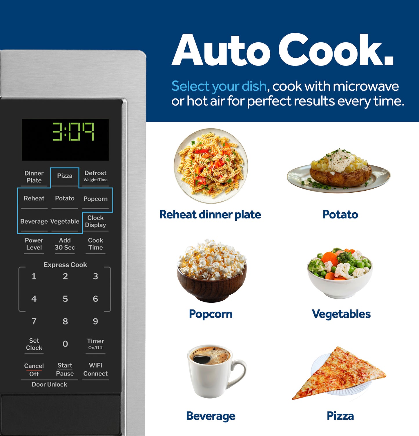 Microwave control panel with digital display and auto cook options shown with food icons from kitchenware and appliances collection