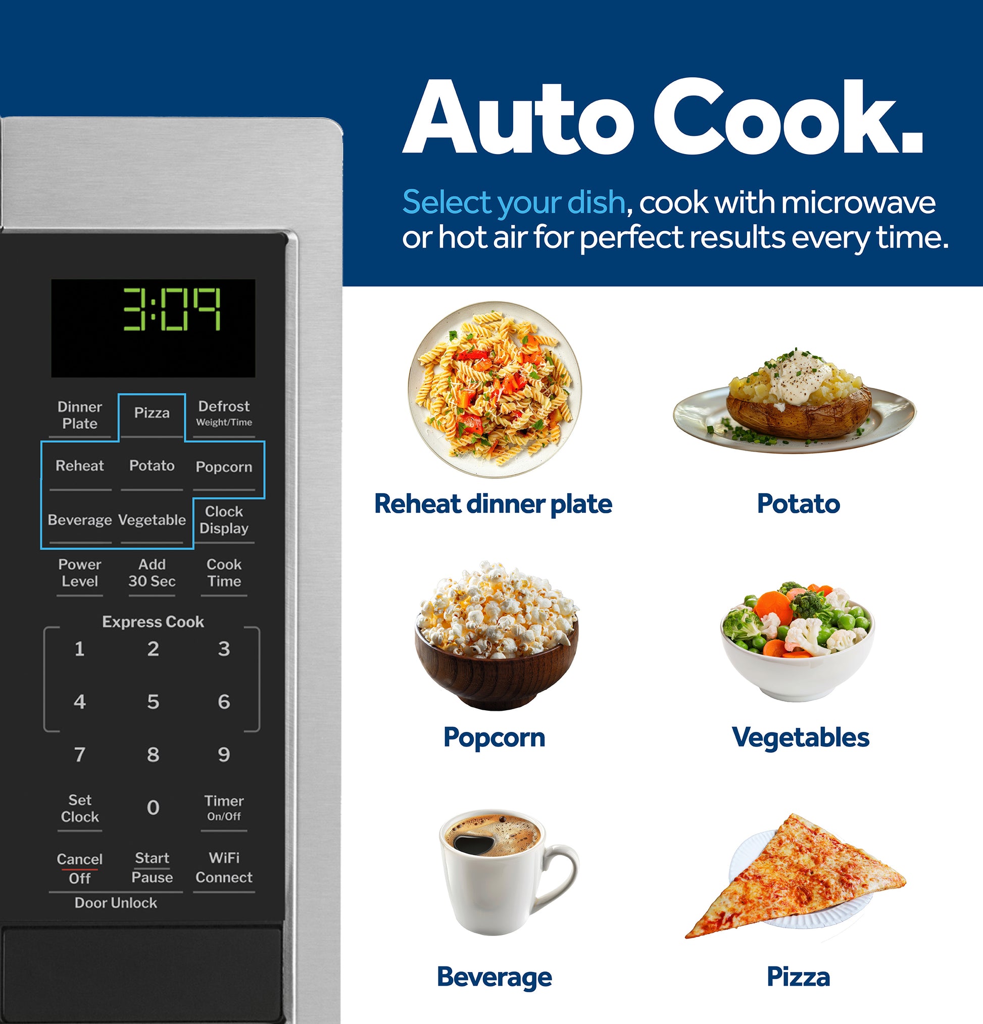 Microwave control panel with digital display and auto cook options shown with food icons from kitchenware and appliances collection