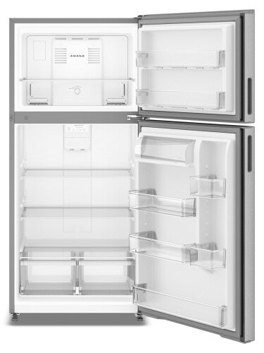 Garage-ready top-freezer refrigerator with adjustable glass shelves, dual crispers, and gallon door storage in appliances collection