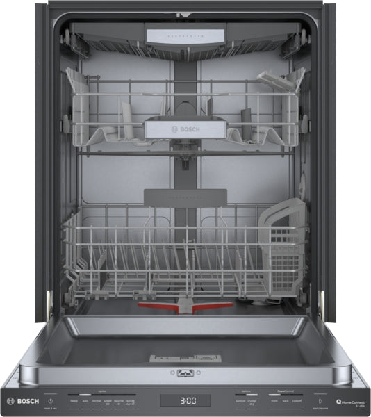 Open dishwasher interior showing racks and utensil holder in brushed black steel appliance from Bosch collection