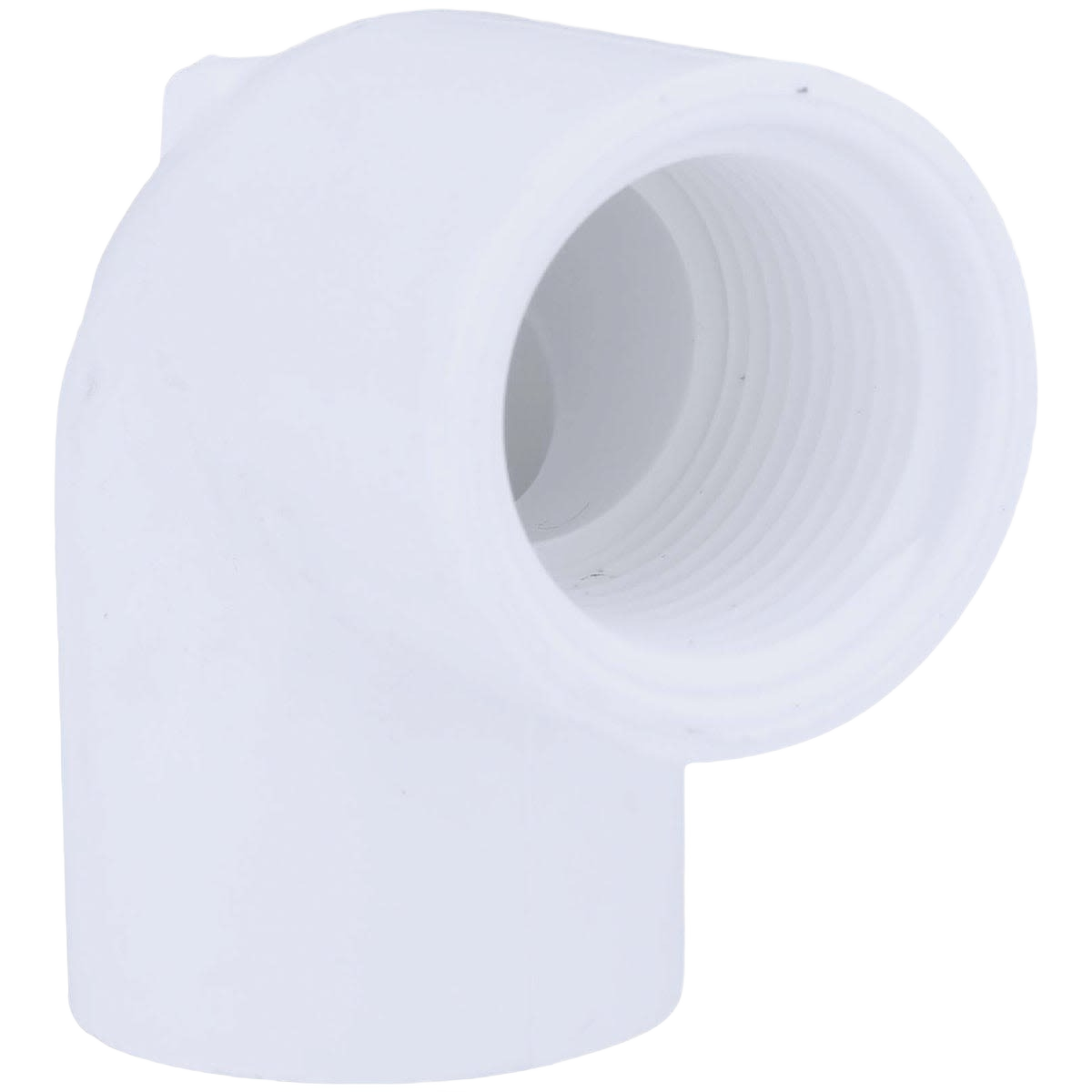White PVC 90-degree threaded elbow fitting designed for plumbing and pipe systems under $50.