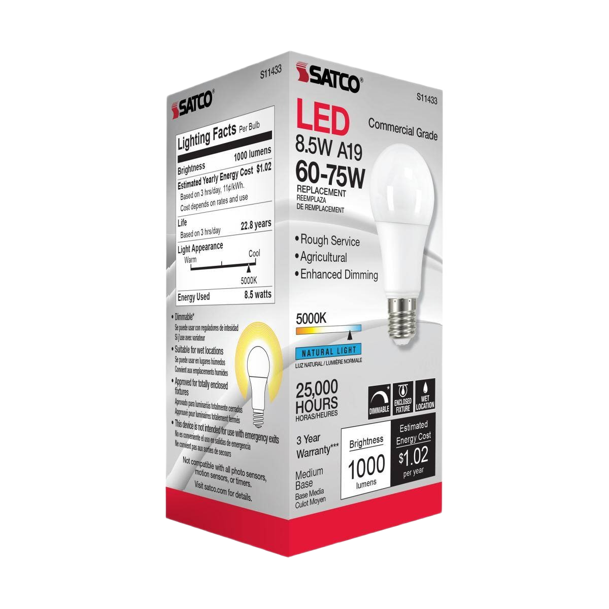 Commercial grade 8.5W A19 LED bulb with natural 5000K light, dimmable, medium base for rough and agricultural use under $50 collection