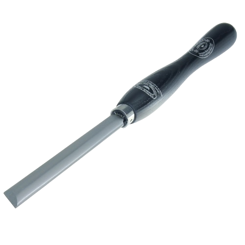 Woodturning skew chisel with black ergonomic handle and cryo-treated 3/4-inch oval blade for woodworking tools collection