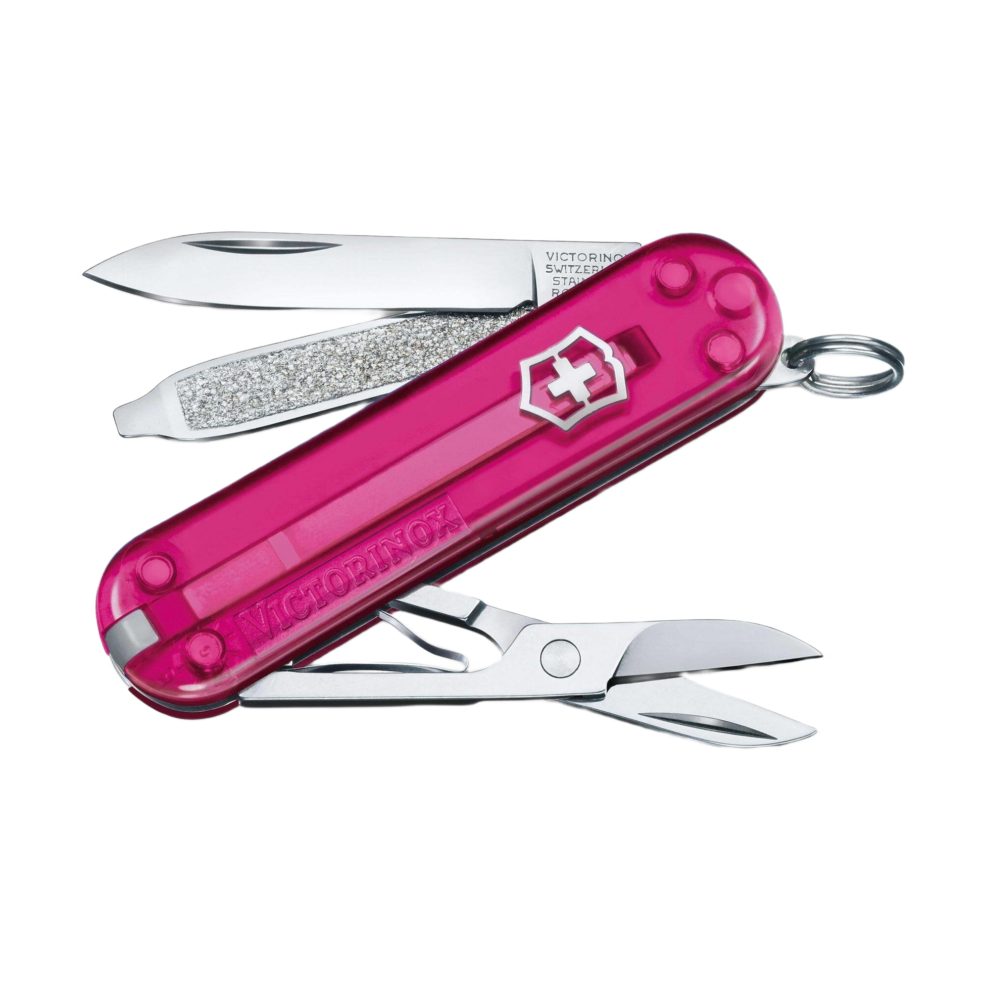 Compact transparent pink multi-tool pocket knife with blade, nail file, and scissors in cutting tools collection under $50
