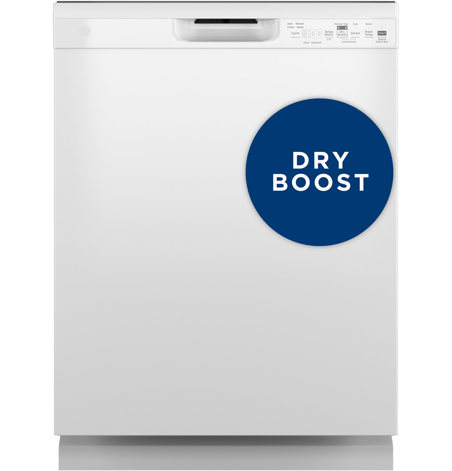 White front control dishwasher with plastic interior and dry boost feature, part of kitchen appliances and dishwashers collection