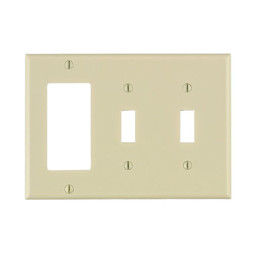 Light almond 3 gang wallplate with two toggle and one Decora openings for electrical and home improvement projects