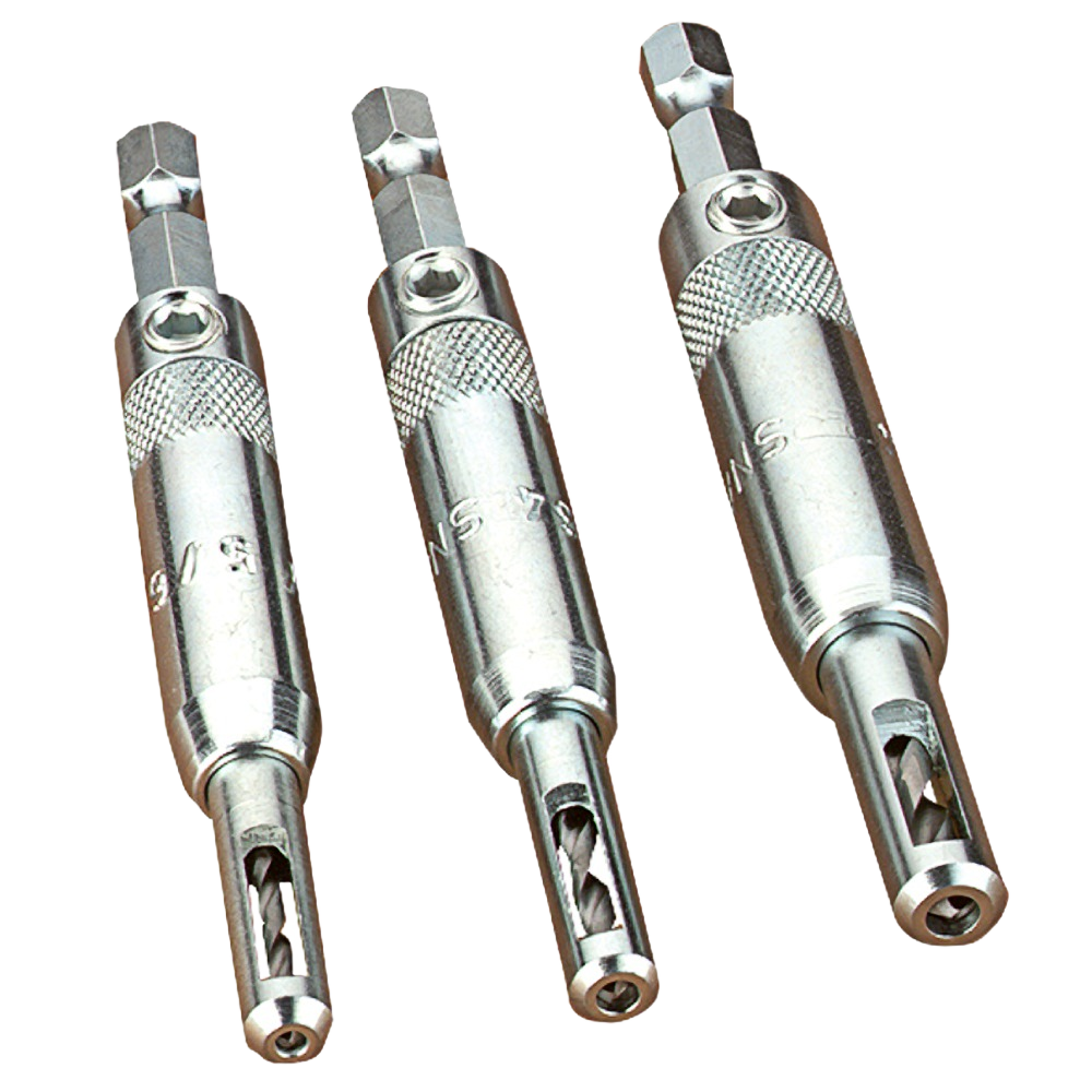 Set of three silver self-centering drill guides designed for precision drilling in power tool accessories under $50 collections