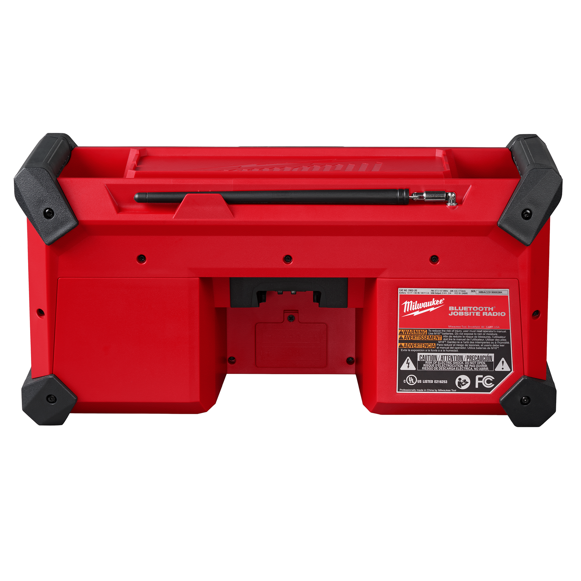 Red Milwaukee Bluetooth jobsite radio base with retractable antenna and protective corner bumpers for tools and home improvement projects