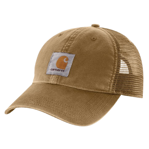 Light brown canvas cap with breathable mesh back, curved brim, and embroidered logo patch, suited for men's accessories and casual clothing collections.