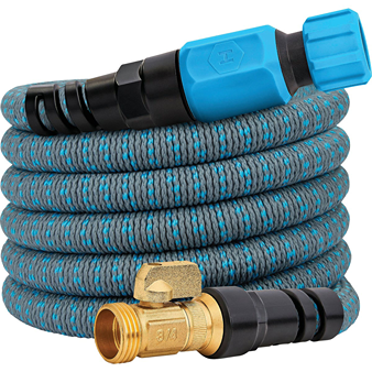Coiled blue and gray expandable garden hose with brass fittings for durable outdoor watering and home improvement use