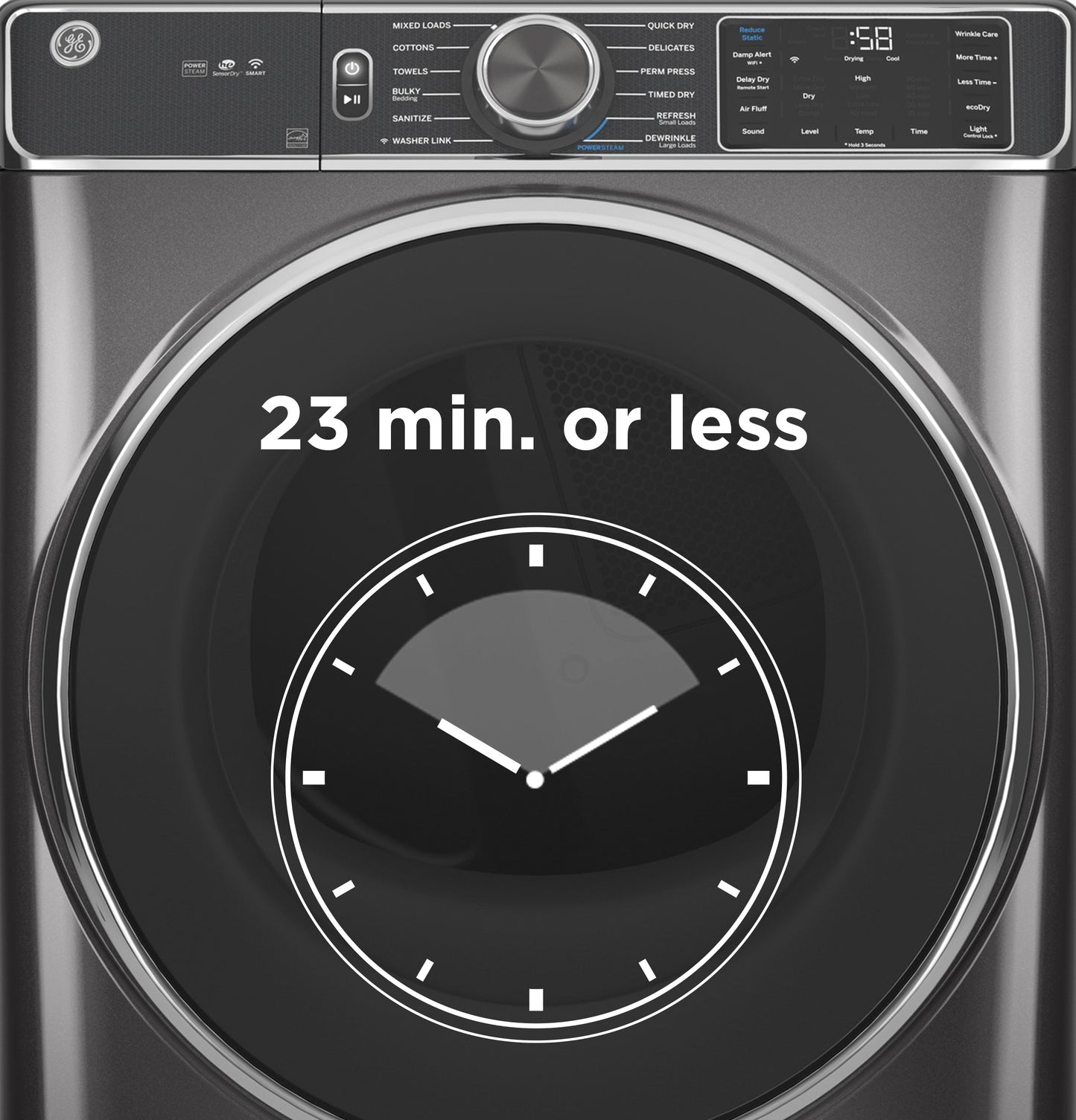 Front load electric dryer control panel with cycle dial and digital display showing 23 minutes or less timer