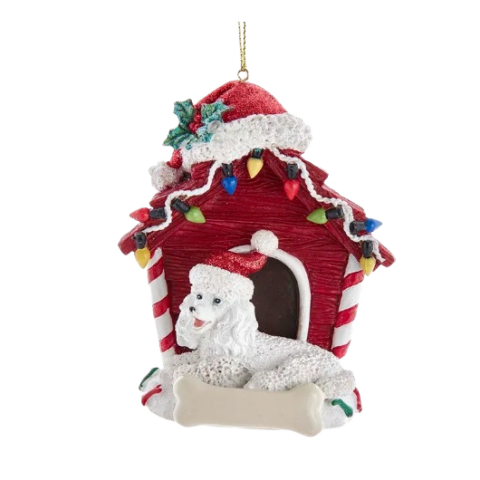 Red dog house Christmas ornament with holiday lights and festive poodle figurine for tree decoration under $50