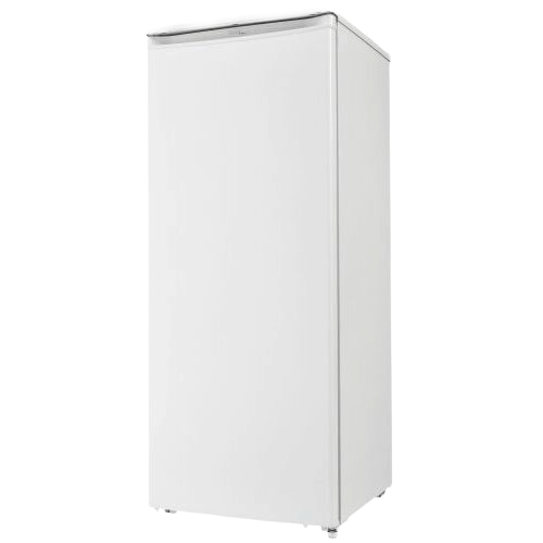 Tall white upright freezer with manual defrost and mechanical thermostat, ideal for kitchen and home appliances use