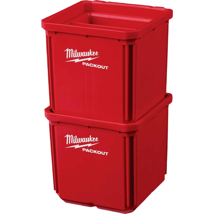 Stacked red Milwaukee PACKOUT™ bins designed for sturdy tool storage and workshop organization solutions