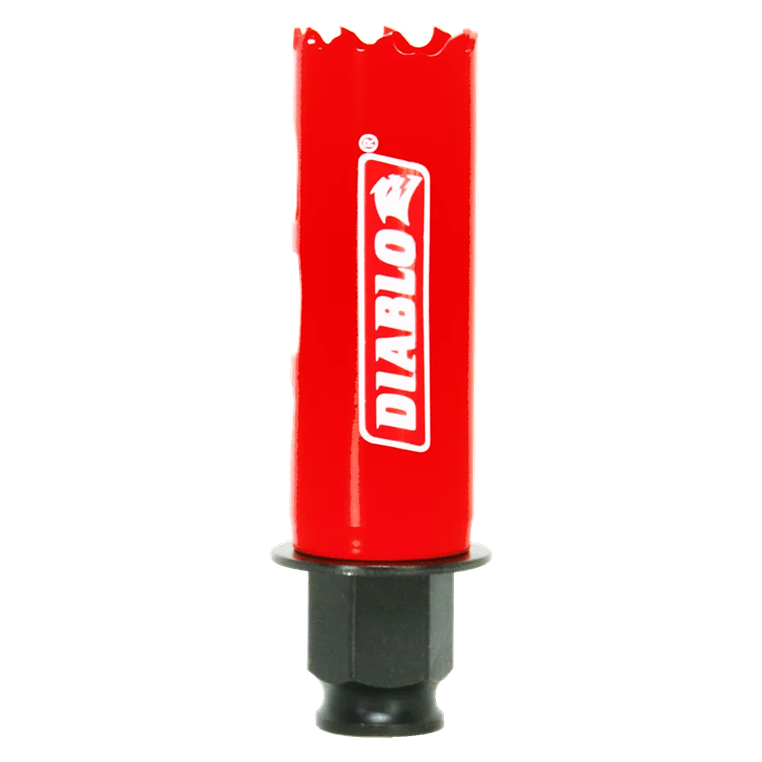 Red 1-inch hole saw with sharp teeth and quick-change mandrel for woodworking tools in under $50 collections