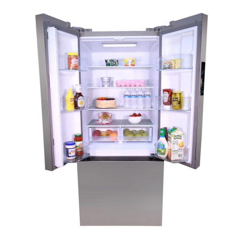 Open stainless steel French door refrigerator with organized shelves and freezer drawer for kitchen and appliance use