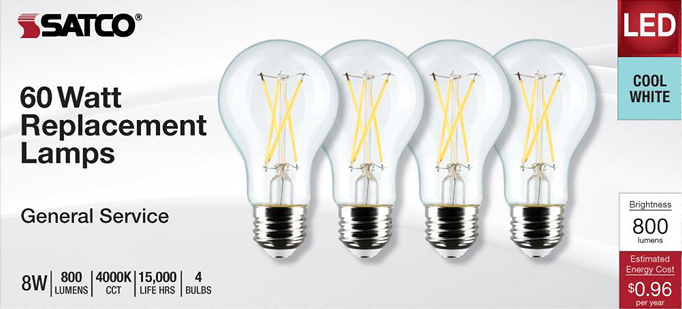 Set of four clear LED bulbs with visible filaments, medium base, cool white light for lighting and electrical collections