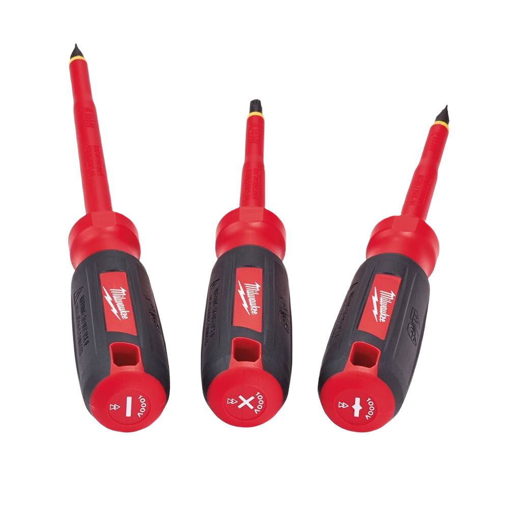 Three-piece insulated screwdriver set with red and black ergonomic handles for safe electrical work in home improvement tasks