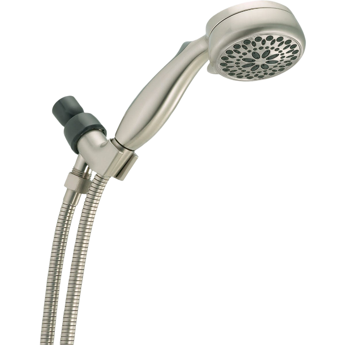 Brushed nickel hand shower with 7 spray settings and flexible hose for plumbing repair and home improvement projects
