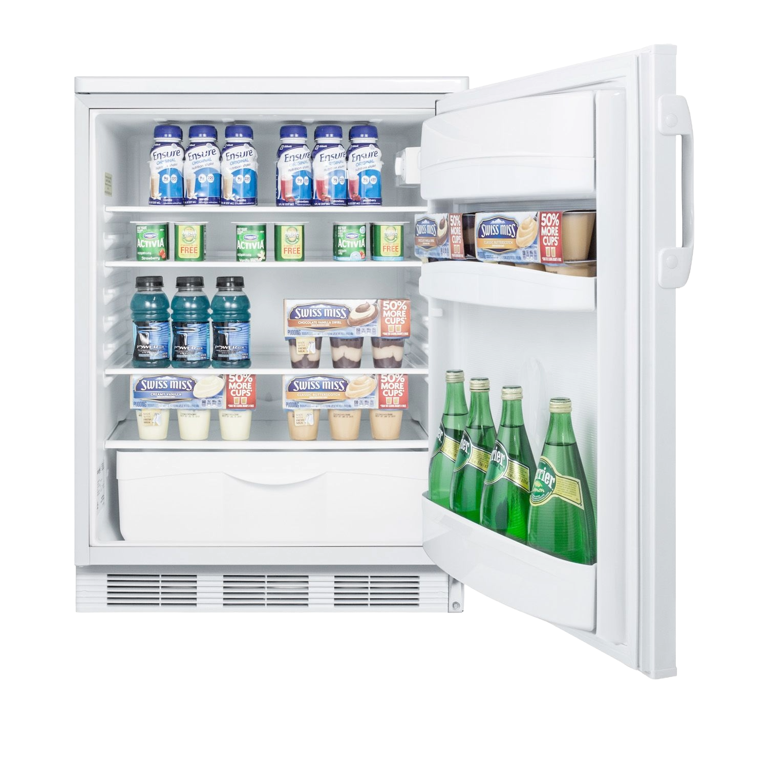 Open 24" wide built-in all-refrigerator ADA compliant with stocked beverages and snacks, kitchen appliance setting