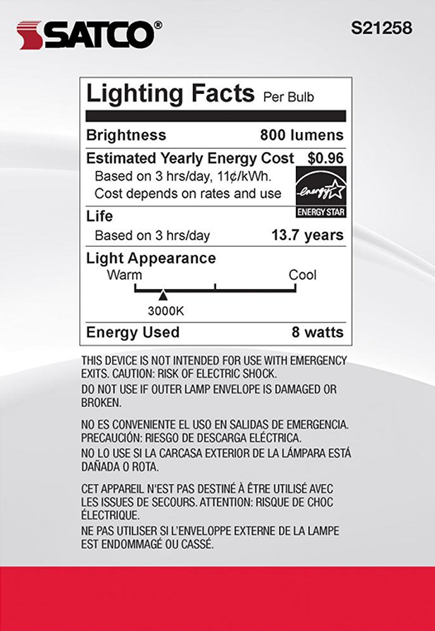 Lighting facts label showing 800 lumens, 3000K warm light, 8 watts energy use with safety warnings in multiple languages