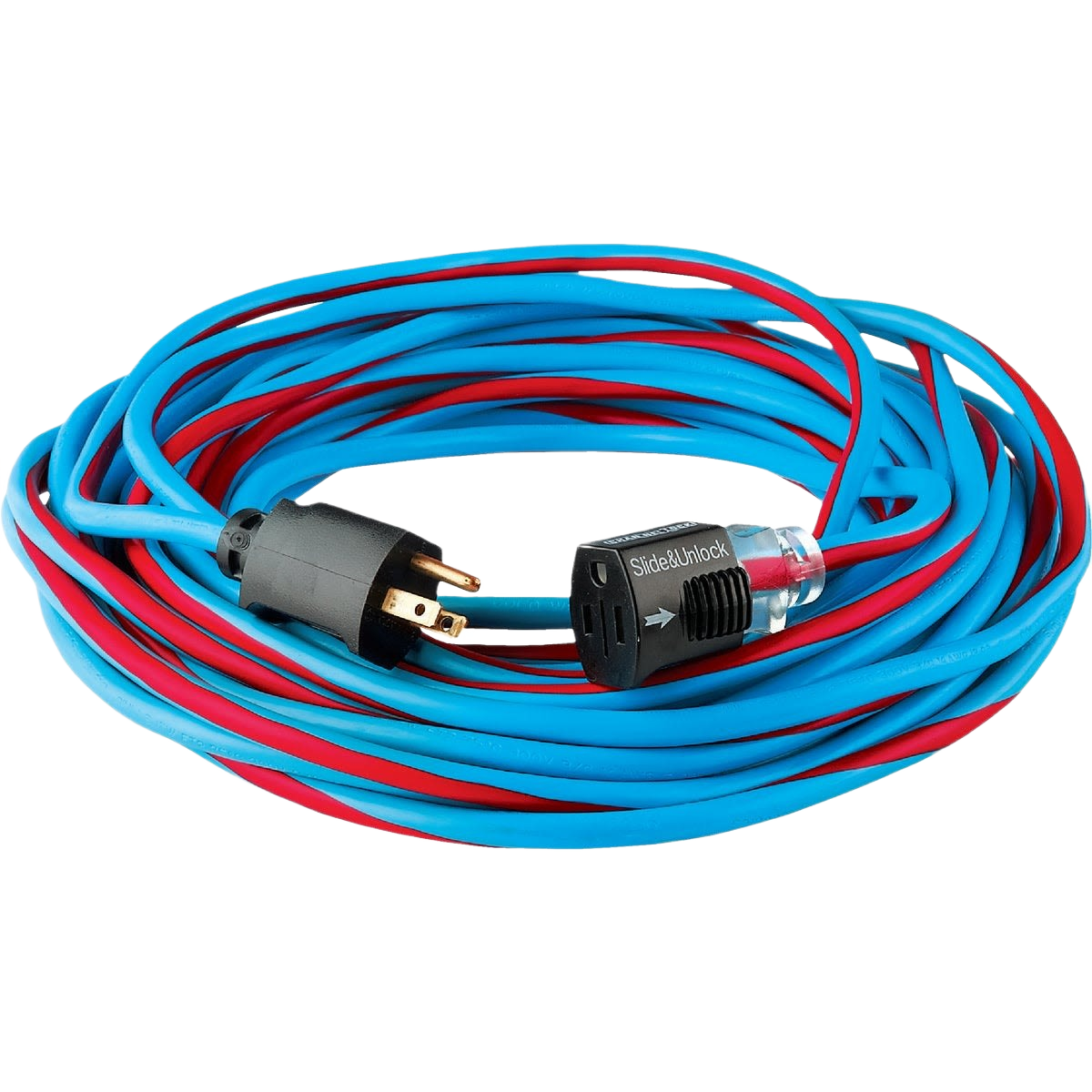 Coiled 100 ft. blue and red 12/3 extension cord with slide-locking lighted connector for electrical and home improvement use