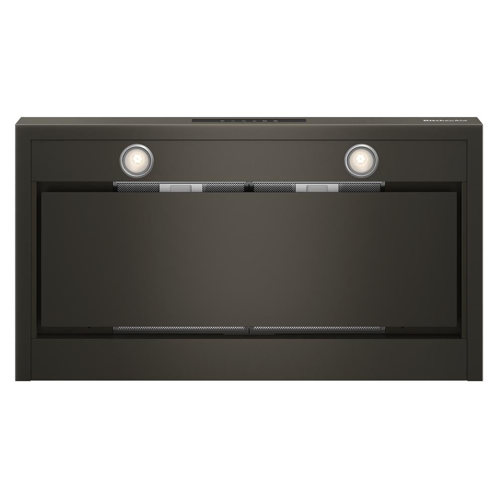 36-inch wall-mount canopy hood in matte black with four-speed fan and integrated lighting for kitchen ventilation and home improvement