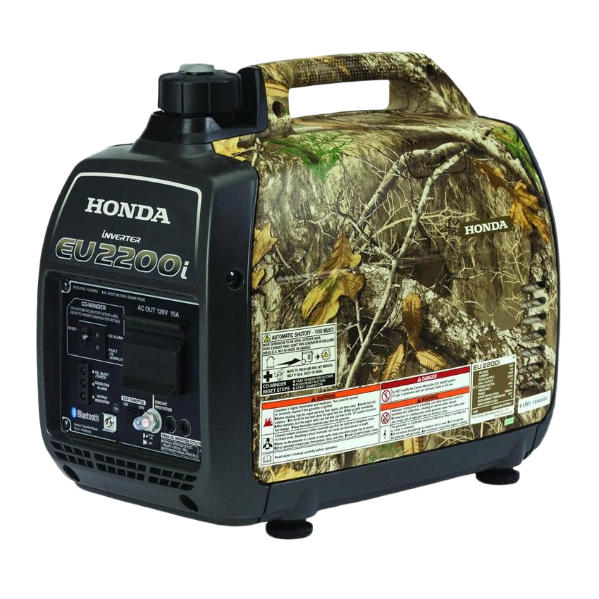 Compact camo-patterned inverter generator with handle, control panel, and multiple outlets for portable power needs