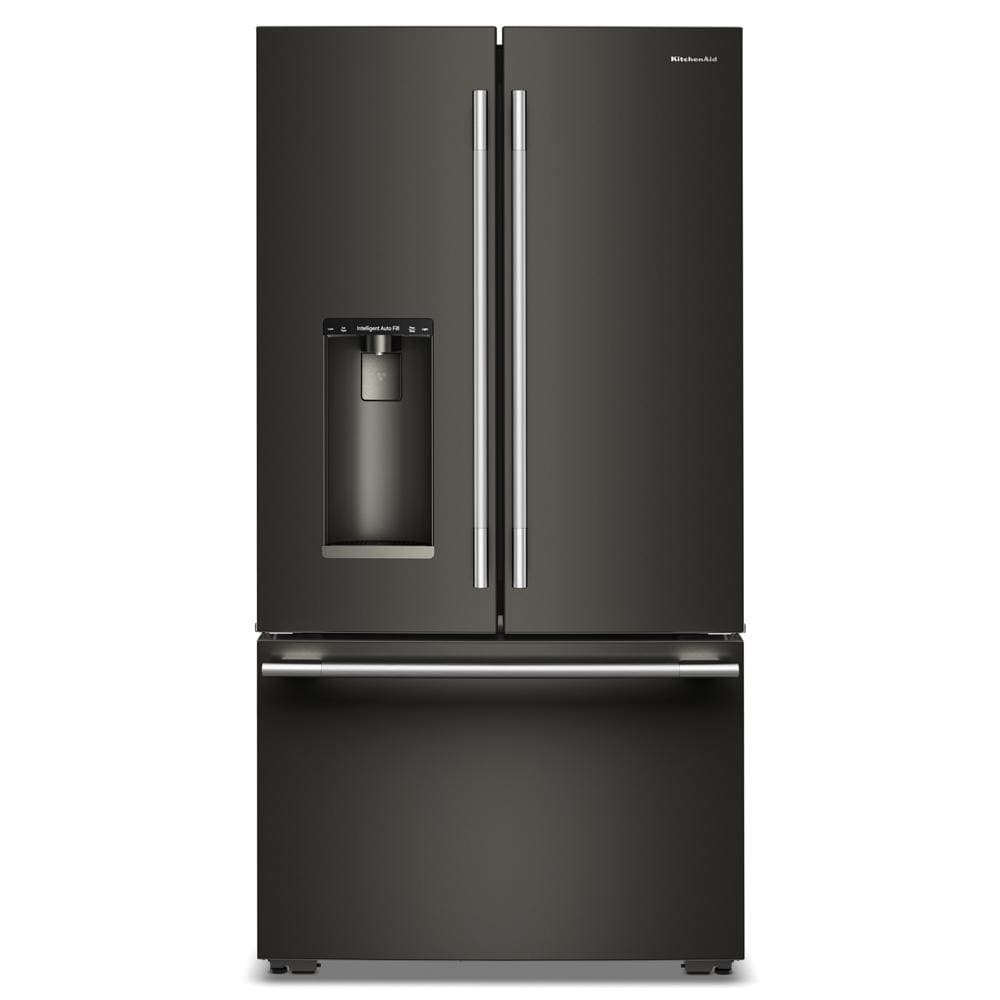 Front view of a black counter-depth French door refrigerator with built-in water dispenser and sleek handles, part of KitchenAid Refrigerators, French Door Refrigerators, Kitchen & Kitchenware, All Products, and Appliances collections for home improvement.