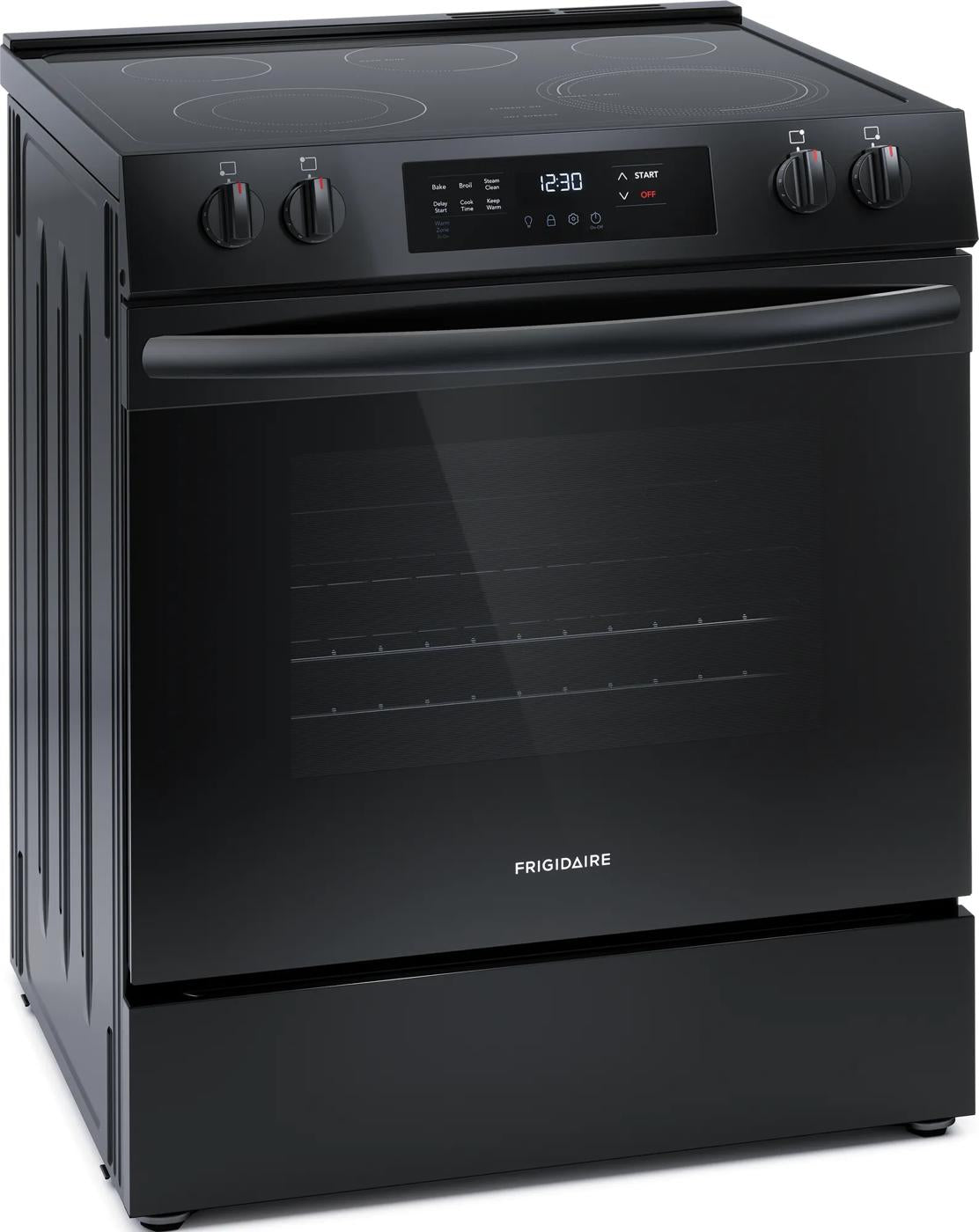 Black electric range with front control knobs, digital display, and smooth cooktop in modern kitchen appliance setting