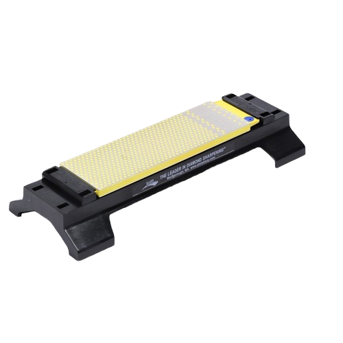 Portable diamond sharpening stone with coarse and extra coarse surfaces and black plastic base for tool maintenance