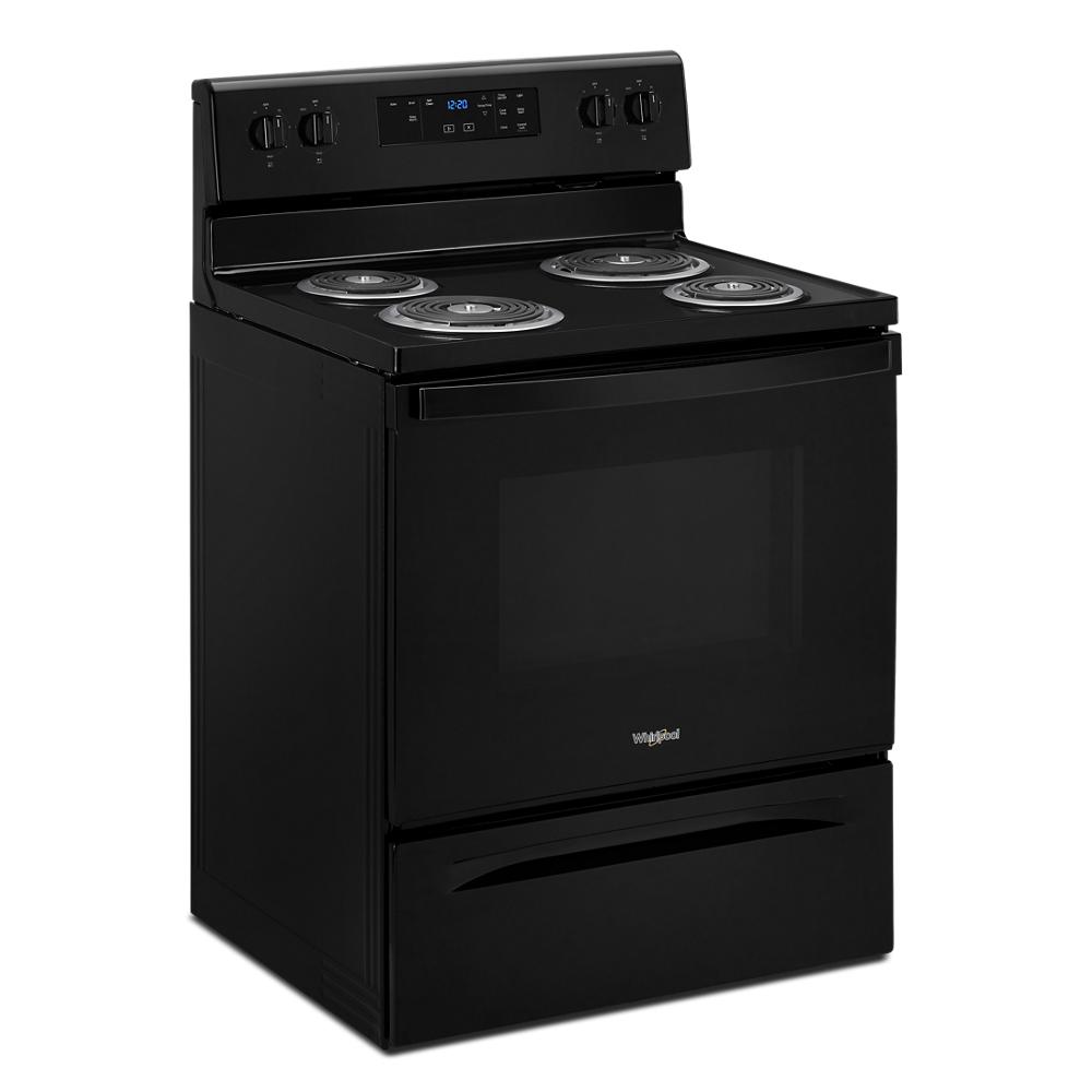 Black electric range with four coil burners and digital display in ranges and kitchen appliances collection