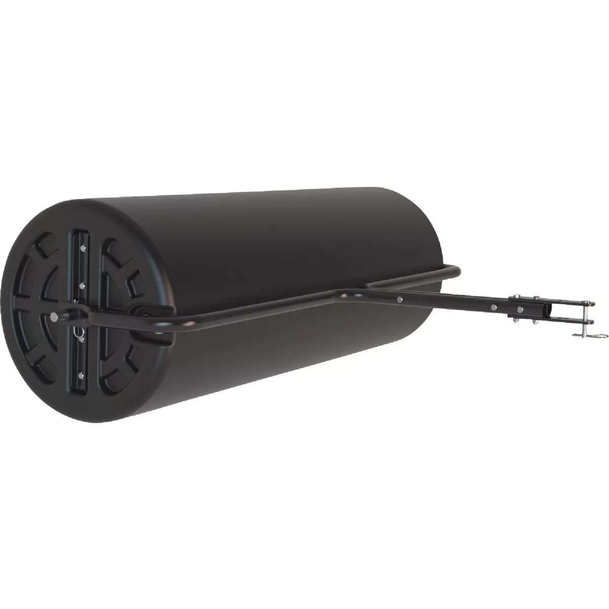 Black polyethylene tow roller with metal frame designed for smoothing lawns in home improvement tools collection