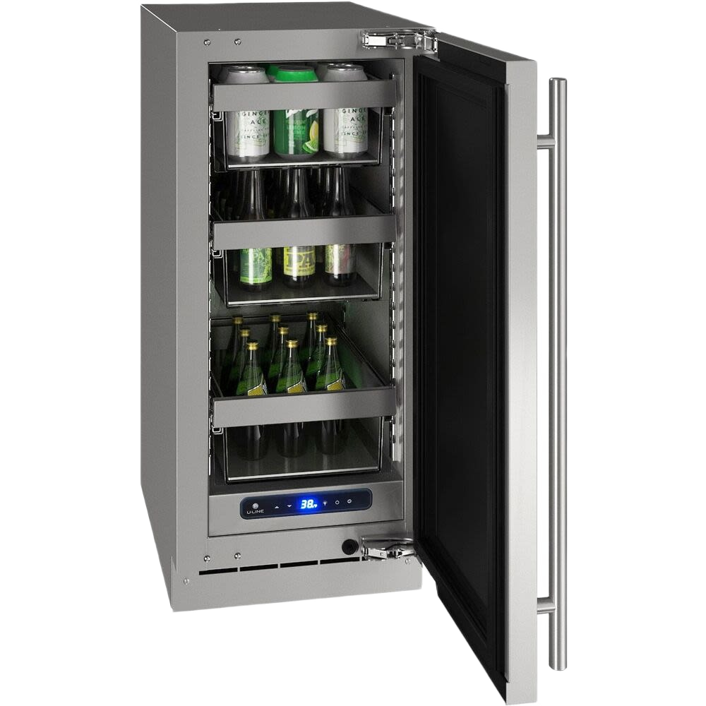 Stainless steel 15-inch refrigerator with open door showing beverage shelves and digital temperature control for kitchen appliances collections