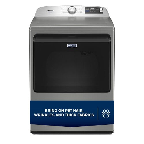 Front view of gray smart top load dryer with digital controls designed for pet hair removal in Dryers and Appliances collections